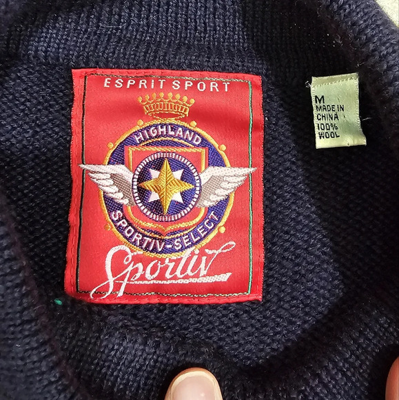 Esprit Sport M 80s Navy Yellow Argyle Wool Collared Sweater Preppy Collegiate - Picture 5 of 7